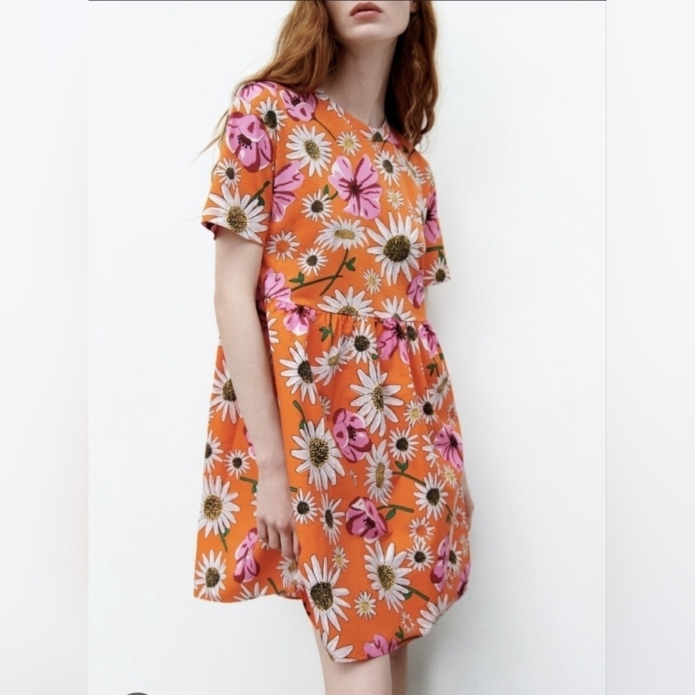 Zara Orange Dress with Pink and White Floral Design Sz S Gentle Used 100% Cotton